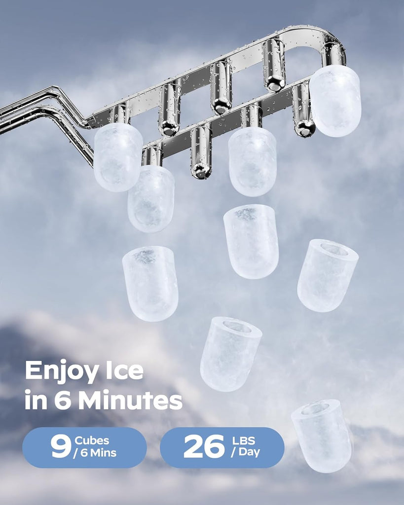 Ice Maker Countertop, 9 Cubes Ready in 6 Mins, 26 lbs per Day, Ice Machine with 2 Ice Sizes and Self-Cleaning
