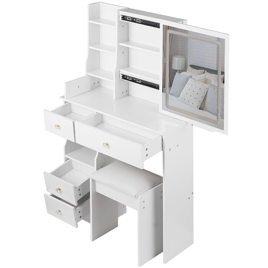 Vanity Desk with Lighted Mirror, 29.2" Makeup Vanity Table with Storage Drawers and Cushioned Stool, Compact Dressing