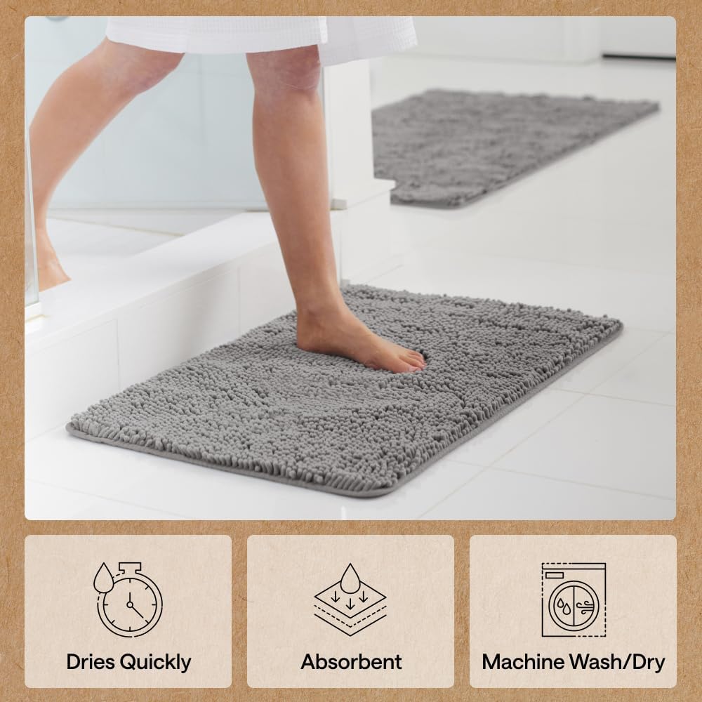 Bath Rug Mat 36x24, Thick Soft Absorbent Chenille, Quick Dry Microfiber Mats, Rubber Backing Washable Shower Floor