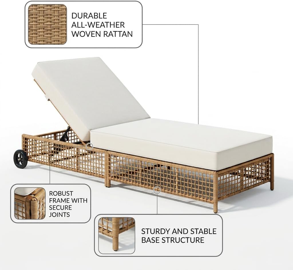 Outdoor Patio Chaise Lounge with Cushion, Acacia Wood and Wicker Sun Lounger, 5-Position Adjustable Backrest, Garden