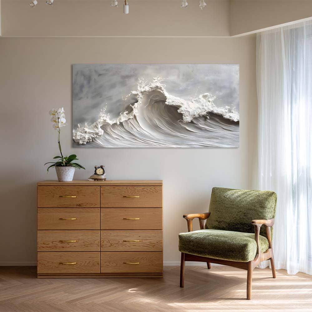 Abstract Ocean Wave Canvas Wall Art 46x23 Inch - Large Neutral Textured Modern Sea Artwork Coastal Print Painting