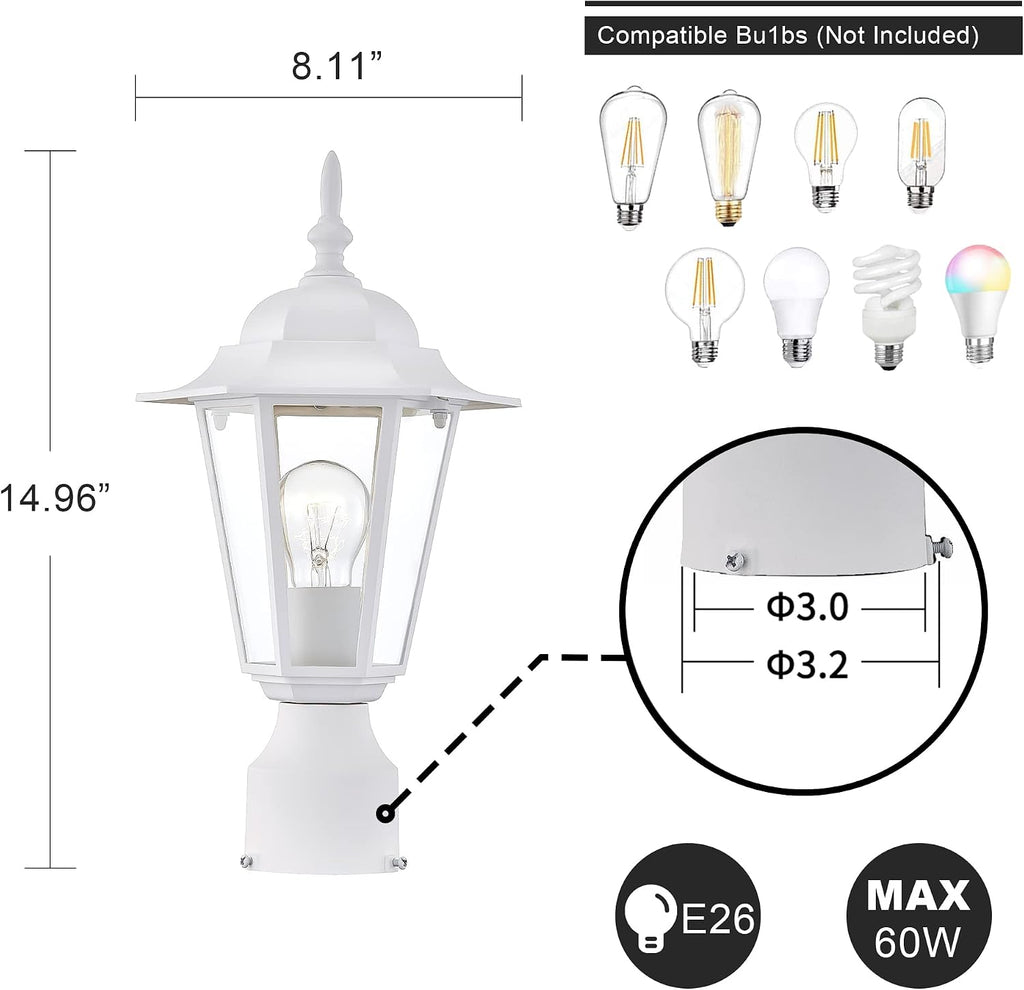 Outdoor Post Lights, Lamp Post Light Fixture with E26 Socket, White Exterior Post Lantern with Clear Glass Shade