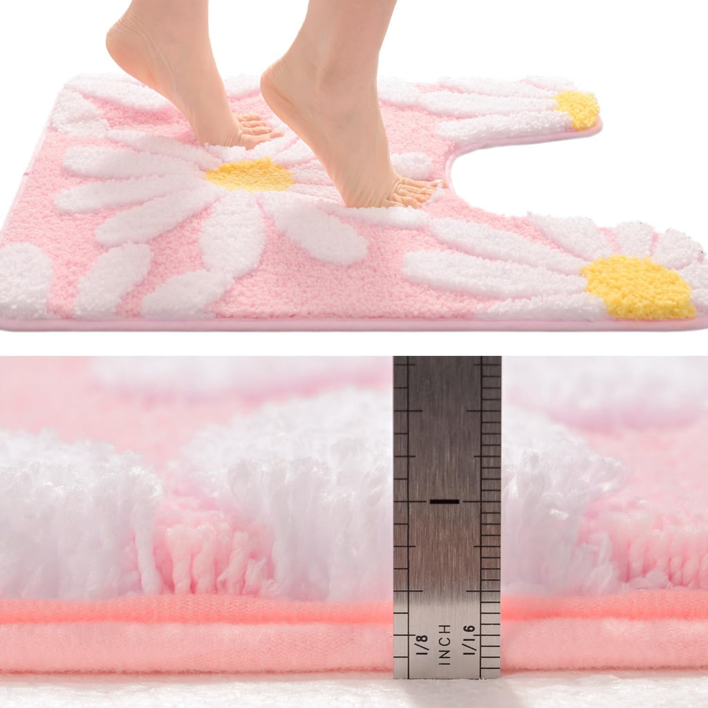 Bathroom Rugs Sets 2 Piece Cute Daisy Bath Mat Pink Toilet Rug U Shaped, Flower Deocr Bathroom Set Non Slip Contour