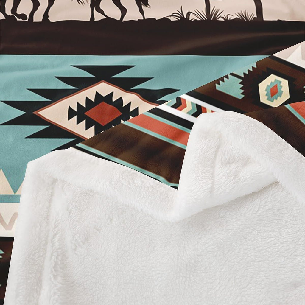 Western Cowboys Plush Throw Blanket,Boho Aztec Ethnic Flannel Fleece Blanket for Boys Girls Teens All Season,Bohemia