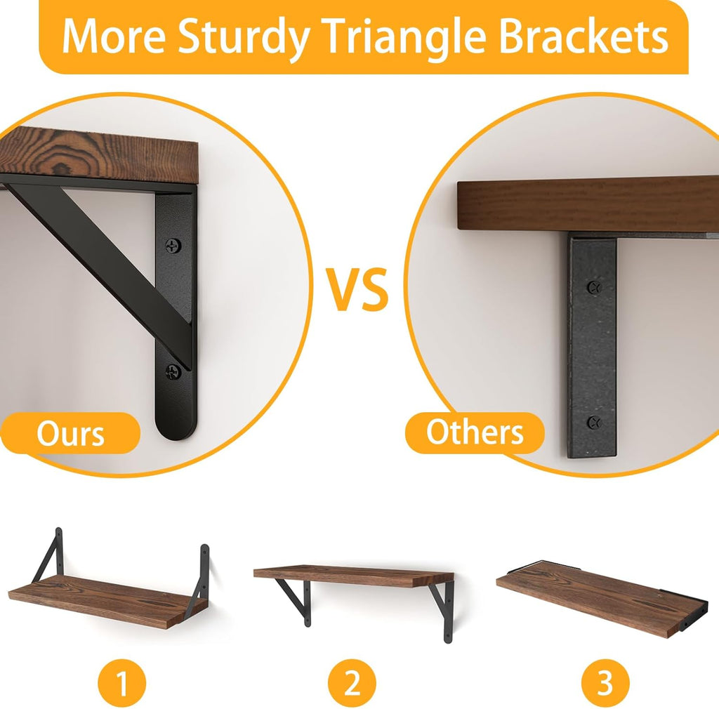 16.5in Floating Shelves for Wall, Dark Carbonized Pine Set of 6 | Rustic wood shelves with metal brackets.