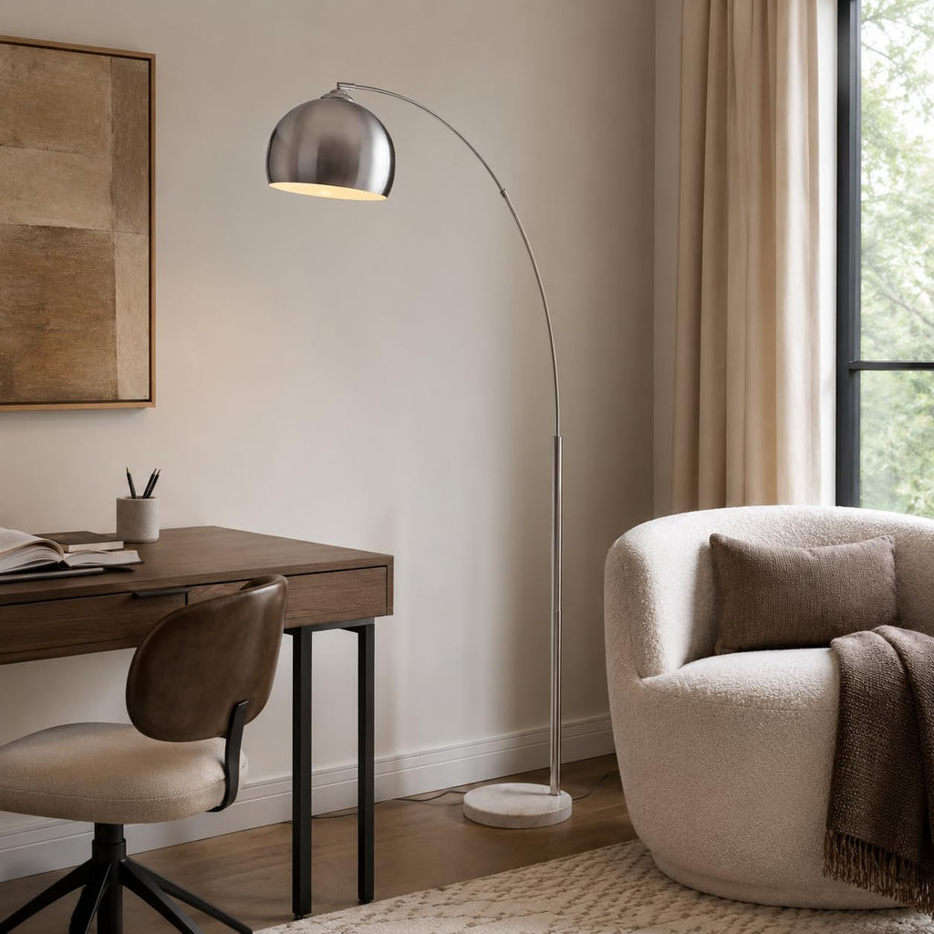 Arquer 68.1" Arc Floor Lamps, Home Offices, Dining Rooms, Bedrooms with Faux White Marble Base and Nickel Bell Shade