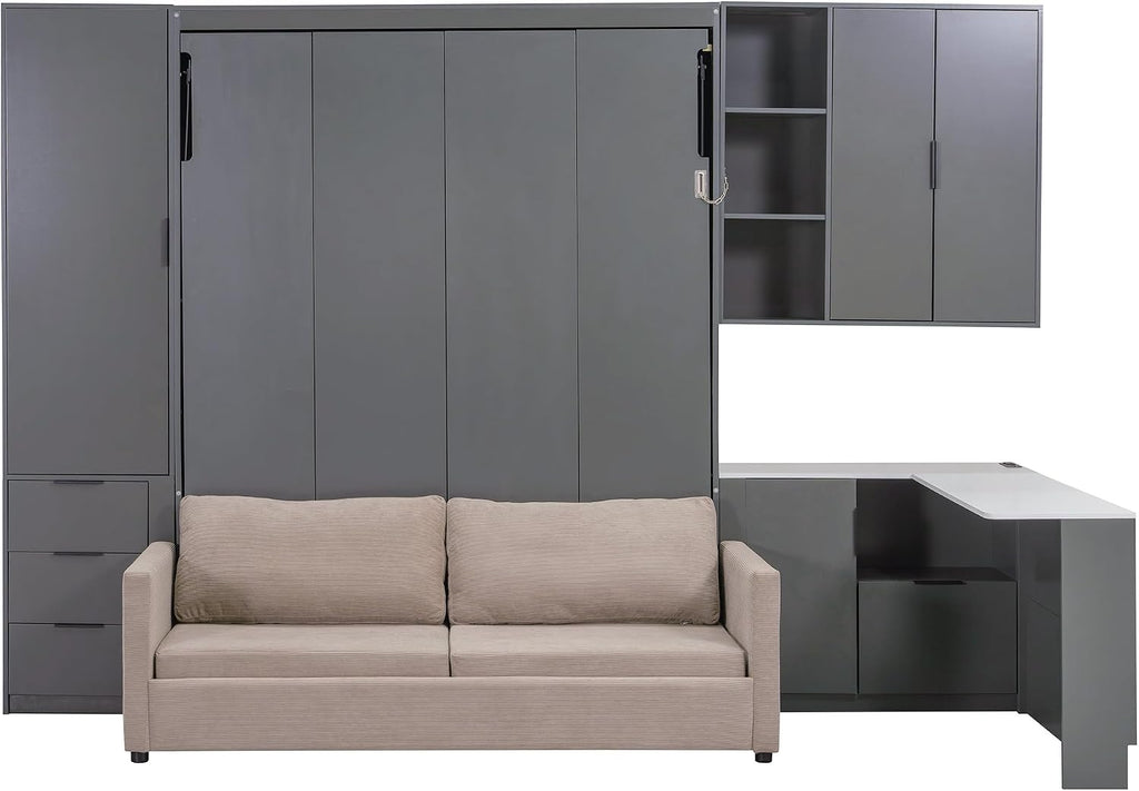Wall Murphy Bed Queen with Drawers, LED Lights, Desk, USB Ports and Green Sofa for Bedroom, Black