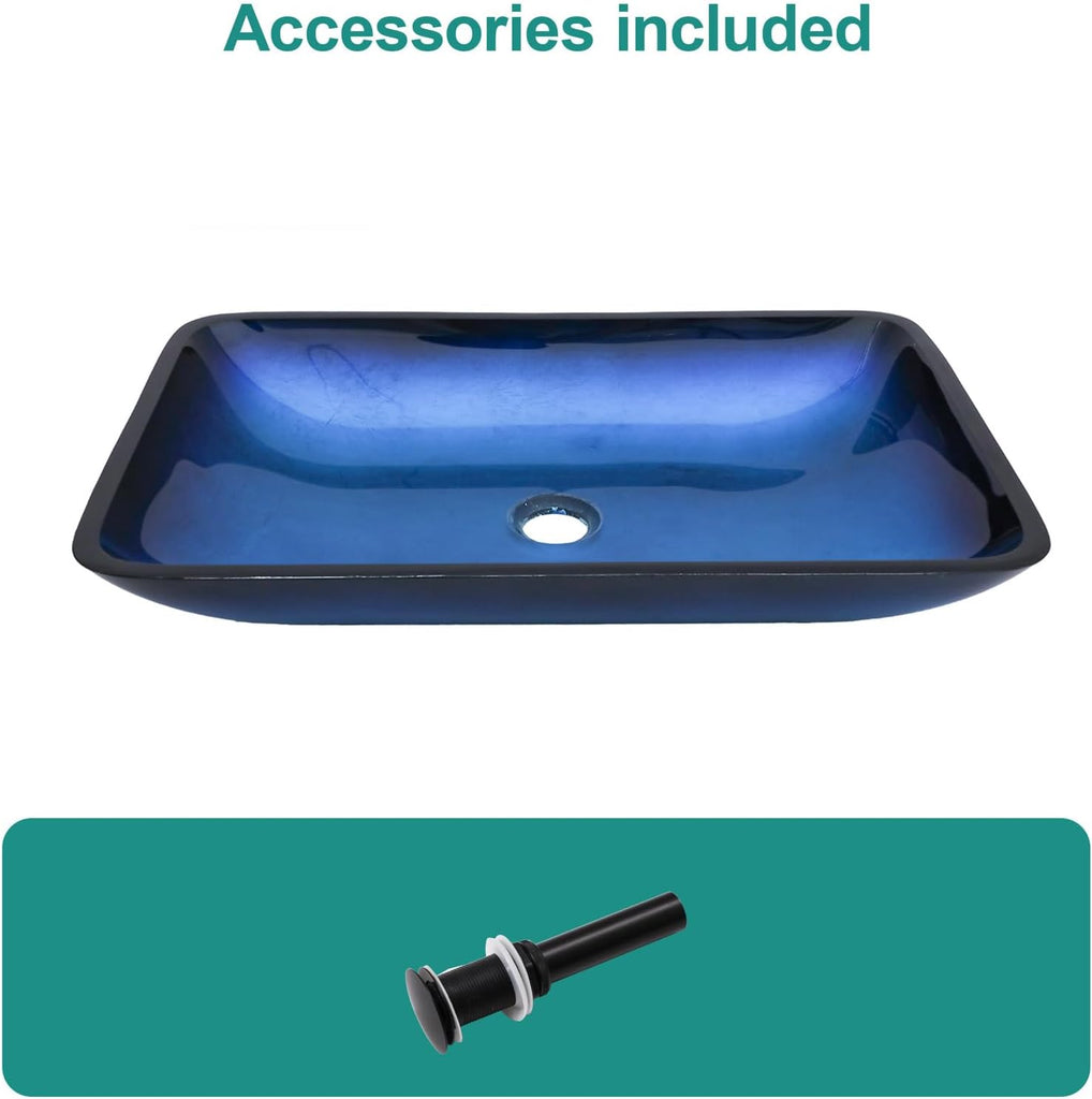 22"×14.25" Vessel Sink, Bathroom Sink Above Counter Amber Blue Gradient Tempered Glass Bowl Square Sink for Bathroom, Tempered Glass Vessel Sink with Pop-up Drain (no Faucet)
