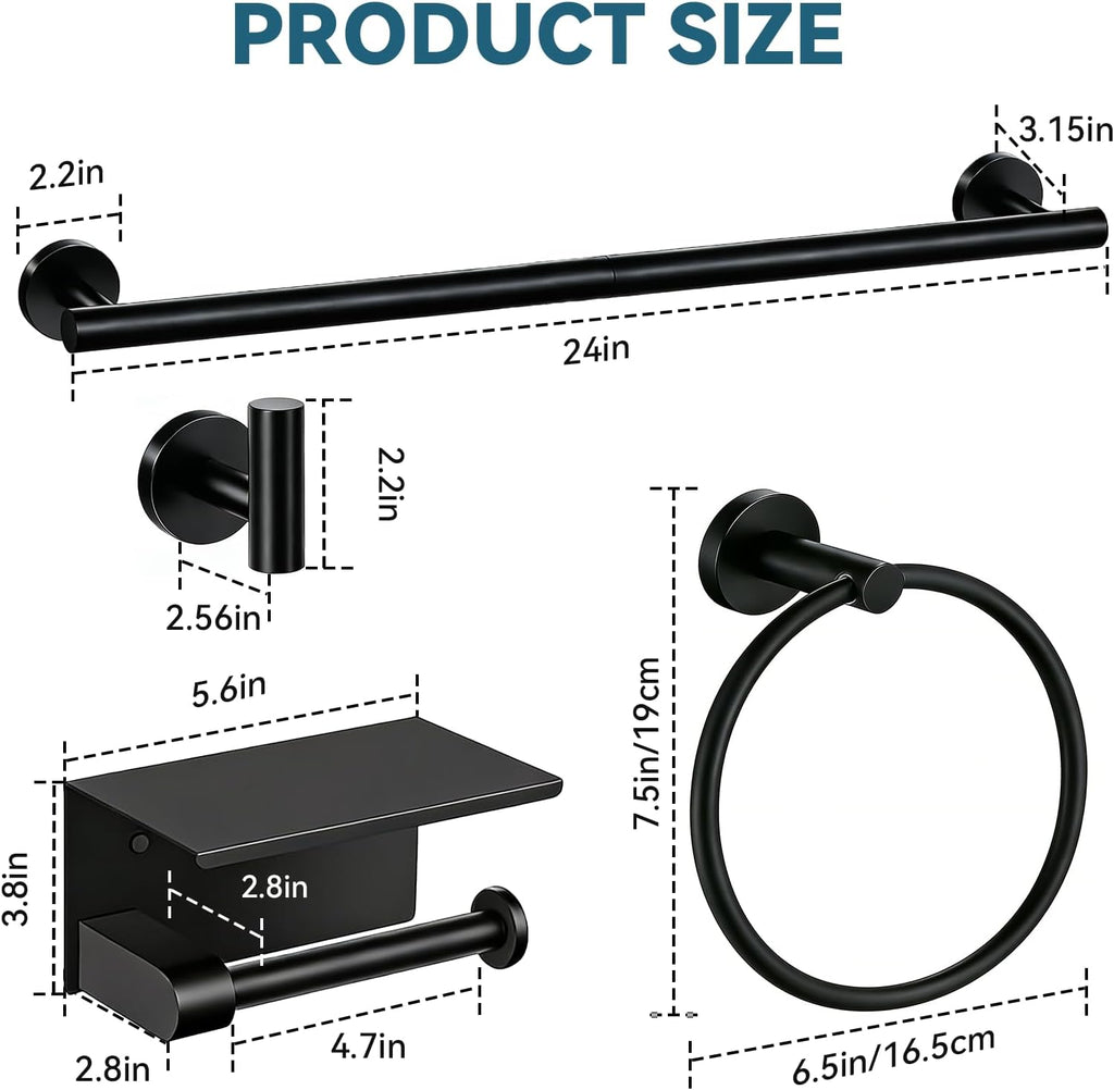 5-Piece Bathroom Hardware Set, Matte Black Bathroom Accessories Set with 24" Towel Bar, Toilet Paper Holder with