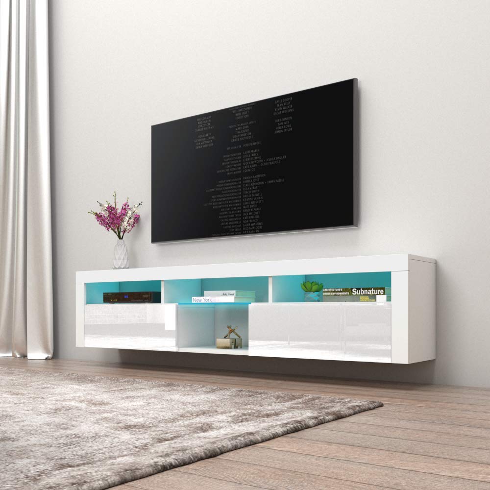 Bari 200 Floating - Wall-Mounted Entertainment Center with LED Lighting and Storage - Modern High Gloss