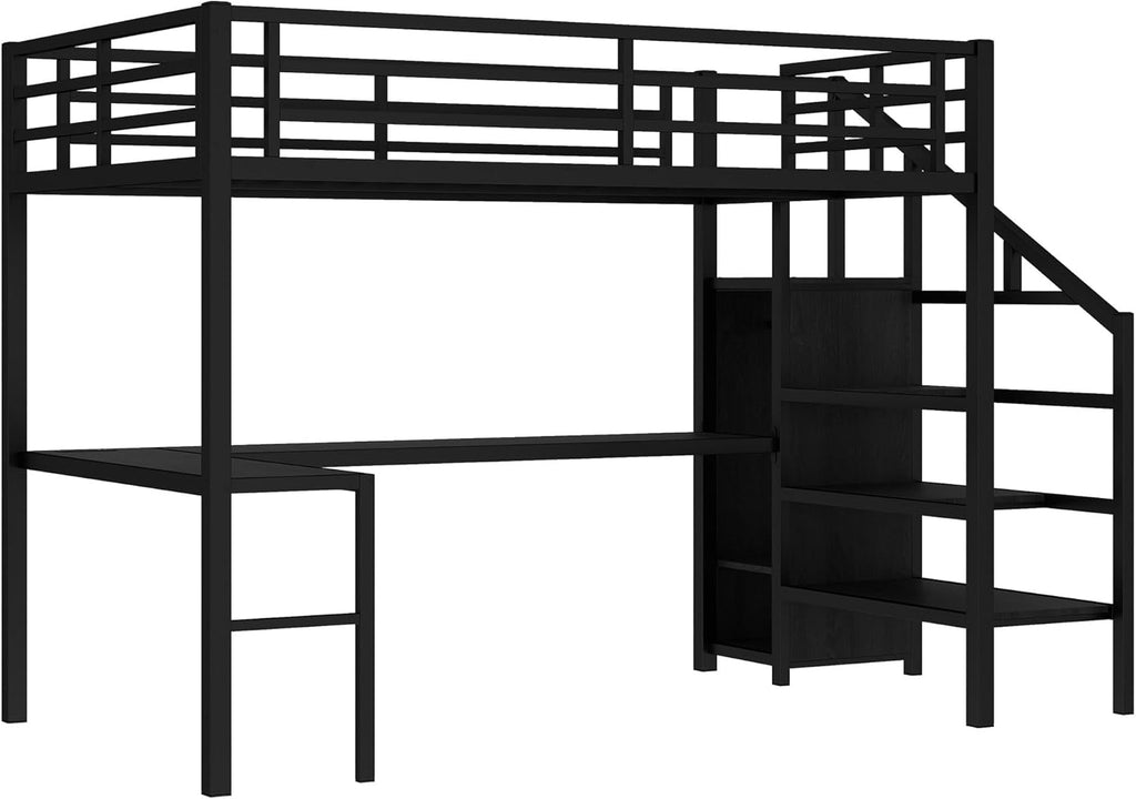 Metal Full Loft Bed with Desk and Wardrobe,Heavy Duty Loft Bed Frame with Storage Stairs,LED Lights and Charging