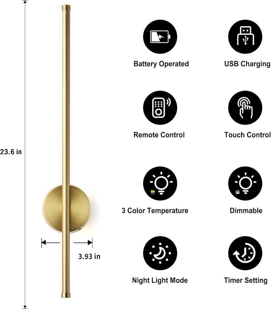 Battery Operated Modern Wall Sconces, Dimmable Wireless Wall Light Set of Two with Remote Control, 3 Color