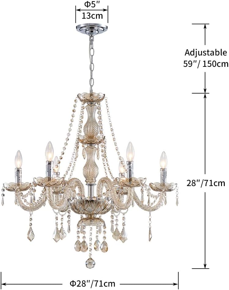 6 Light Chandelier Modern K9 Crystal Chandelier Lighting, Champagne Crystal Ceiling Light Fixture Pendant Lamp for Dining Room Bathroom Bedroom Livingroom