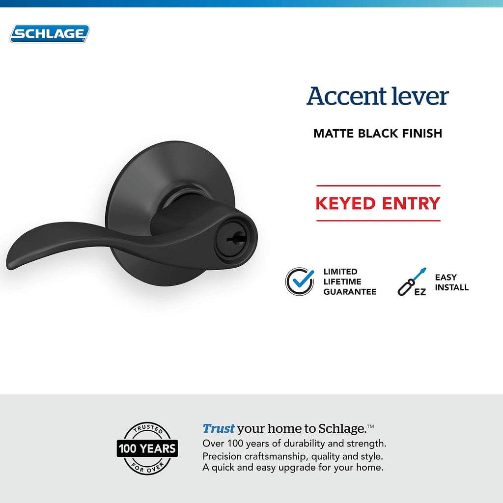 ACC 622 Accent Door Lever, Keyed Entry Lock, Matte Black