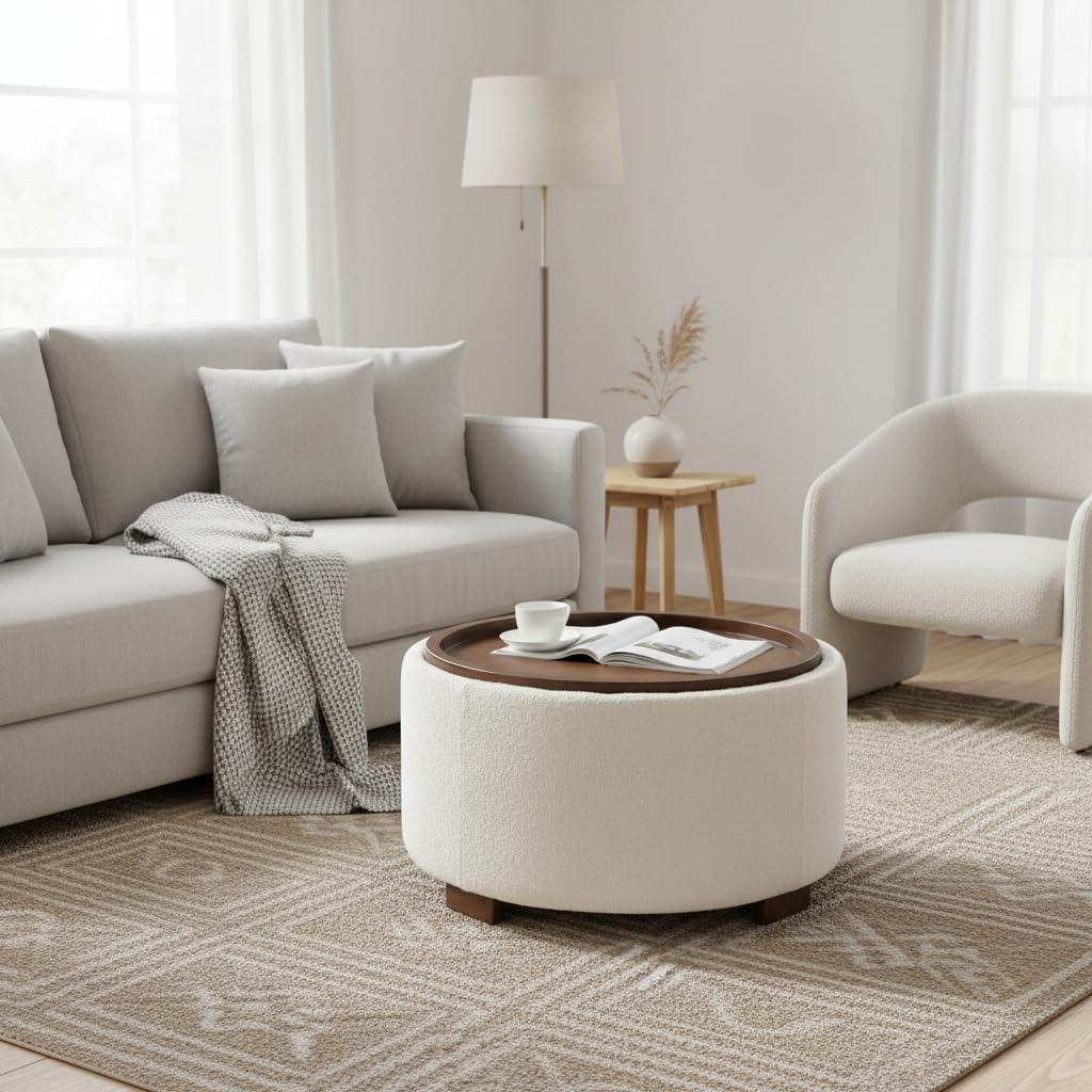 30 Inch Round Storage Ottoman, Ottoman Coffee Table with Lift Off Lid, Boucle Modern Ottomans with Storage s (Beige)