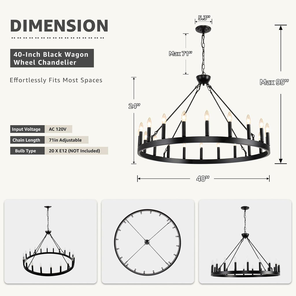 Wagon Wheel Chandeliers 40" 20-Light, Black Modern Farmhouse Chandelier with Adjustable Height