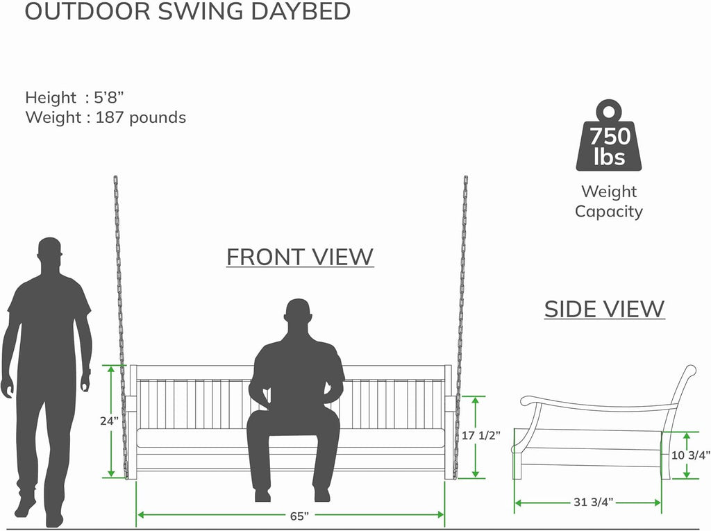 Robin Mahogany Wood 6 FT Porch Swing Bed, Upgraded Patio Porch Swing Daybed with Thick Oyster Cushion Support, 750