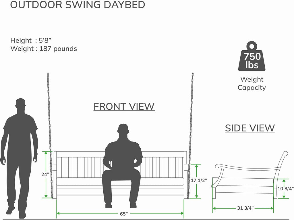 Robin Mahogany Wood 6 FT Porch Swing Bed, Upgraded Patio Porch Swing Daybed with Thick Oyster Cushion Support, 750