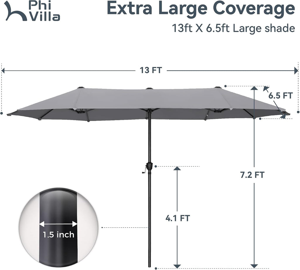 13ft Large Patio Umbrellas, Double-Sided Outdoor Market Rectangle Umbrella Light Gray
