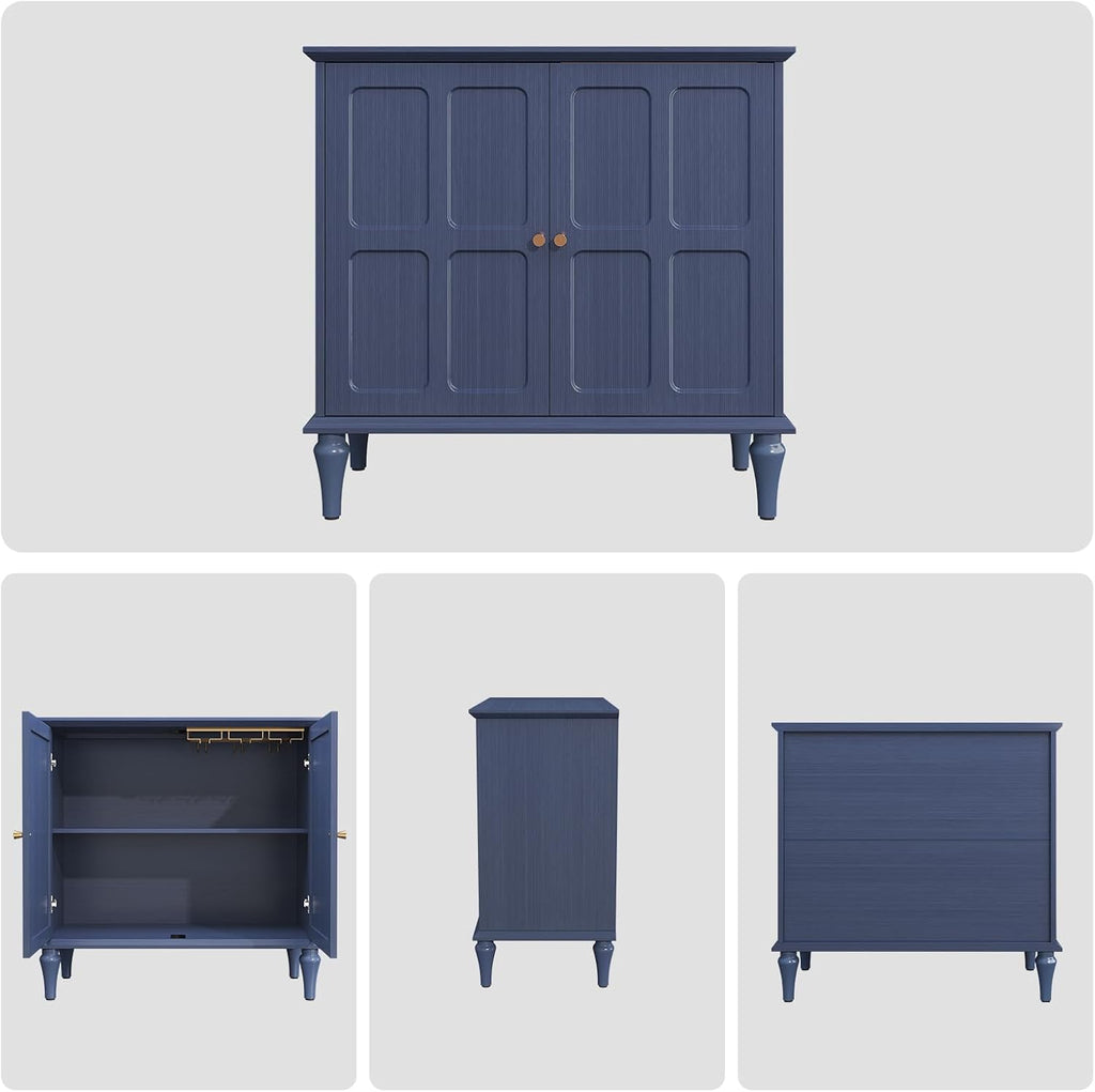 Blue Sideboard Buffet Cabinet with Storage, Mid-Century Modern Storage Cabinet with 2 Doors and Adjustable Shelves