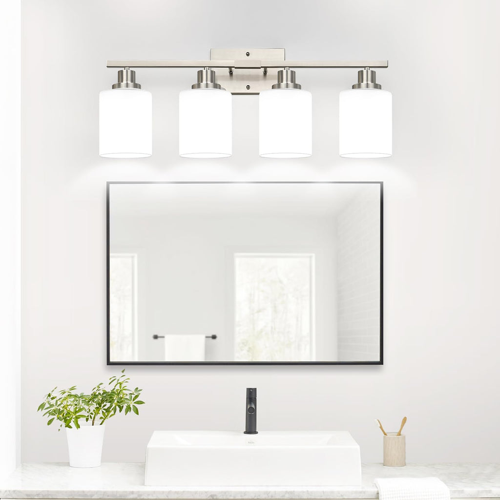 4-Light Vanity Light with Milky White Shades, Brushed Nickel Bathroom Lighting Fixtures Over Mirror, Modern Bathroom