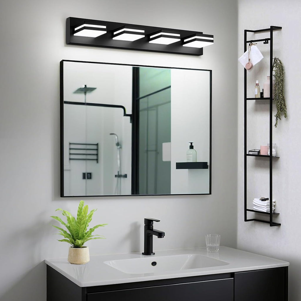 LED Modern Bathroom Lights Fixtures(4-Light,Dimmable,360°Rotate),Matte Black Acrylic Wall Lighting,Vanity Lights Over
