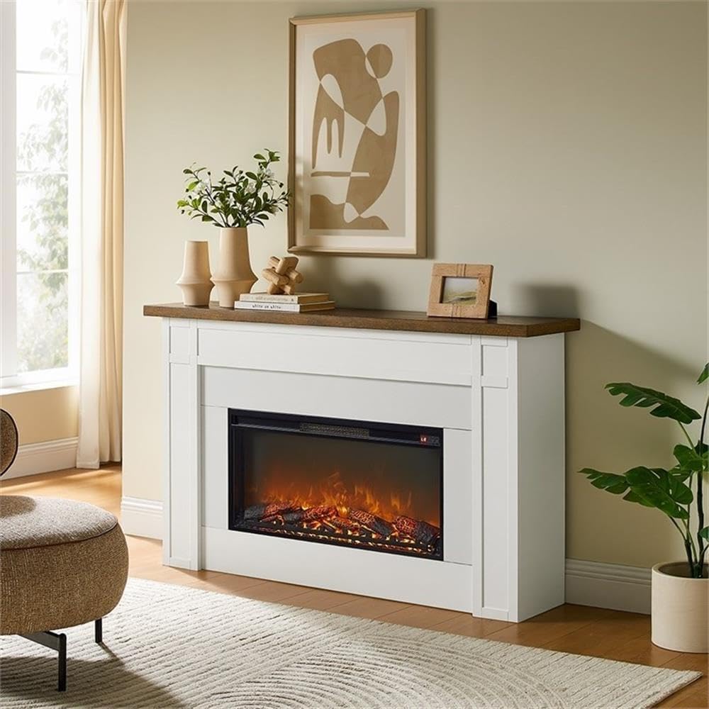 67.25" Freestanding Electric Fireplace with Wood Mantel, Realistic Flame and Log Display, Replaceable Heater Insert