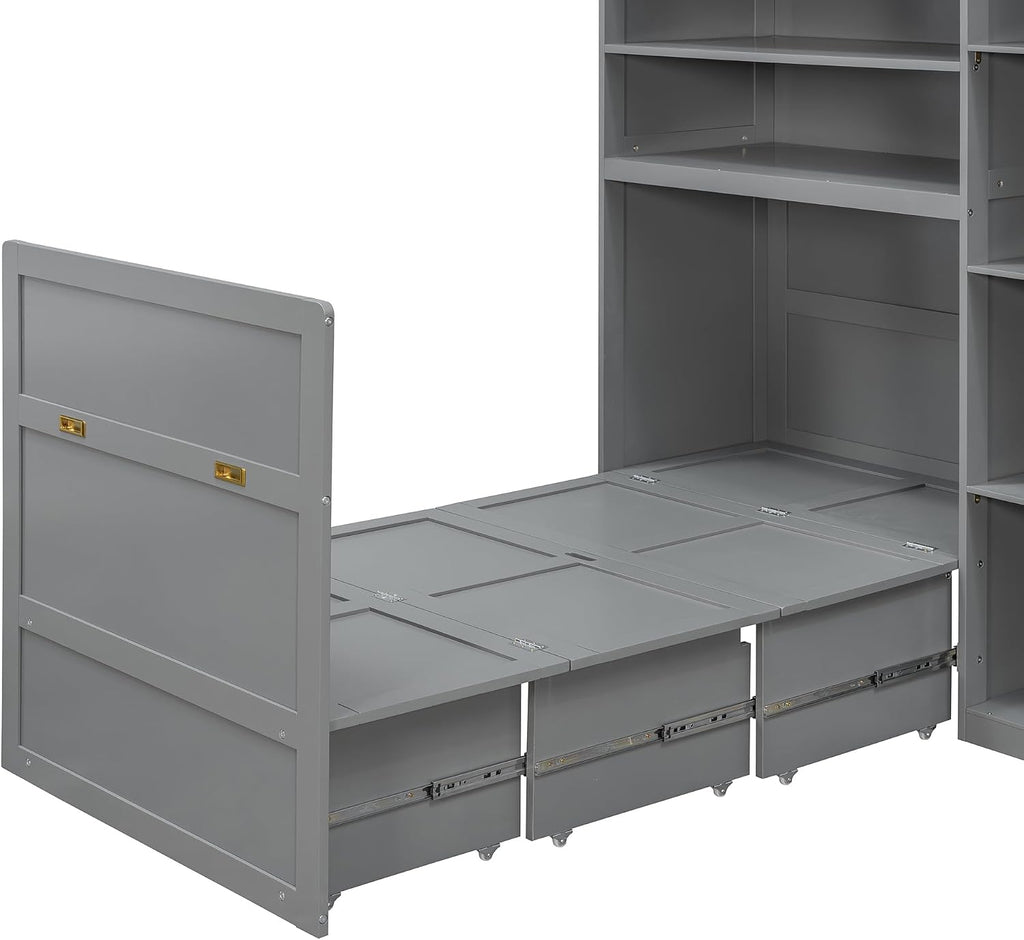 Twin Murphy Cabinet Bed with Wardrobe & 5‑Tier LED Display Shelf, Space-Saving Foldable Wall Bed with Storage Shelves
