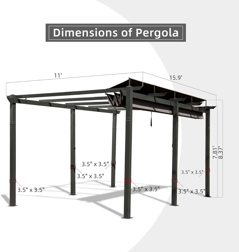 11’ X 16’ Outdoor Retractable Pergola with Weather-Resistant Canopy Aluminum Garden Pergola Patio Grill Gazebo