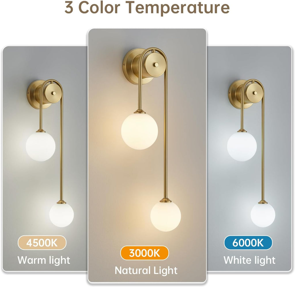 Golden Wall lamp Double Ball, mid-Century Modern Glass Wall sconces,with G9 Tricolor Bulb for Living Room Bedroom
