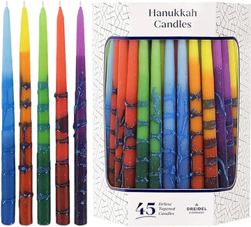 Dripless Hanukkah Candles, Multicolored Striped Deluxe Tapered Decorations, 1-Hour Burn Time 45 Candles for All 8 - Set of 45