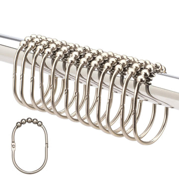 Wide Shower Curtain Rings - Set of 12 Easy Glide Rollers with Polished Nickel Finish - Stainless Steel Shower Hooks