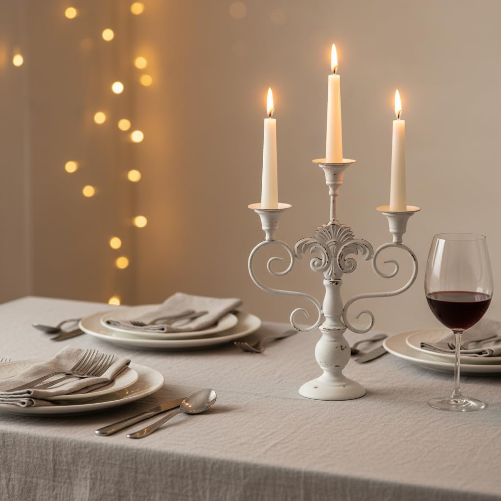Pillar Candle Stand 3 Arm Candelabra Iron White Candle Holders Centerpiece, Rustic Classy Candlestick Holder 15 Inch