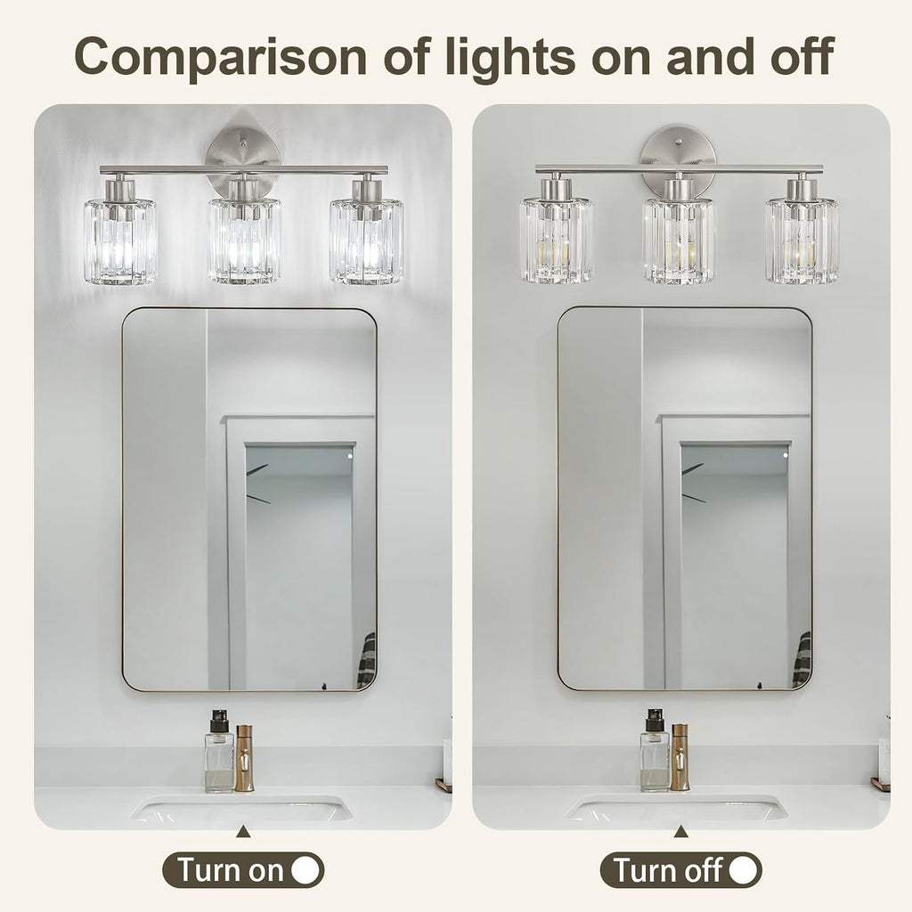 Modern Brushed Nickel Crystal Bathroom Light Fixtures,3-Light | Bathroom Lighting Fixtures over Mirror,Vanity Lights