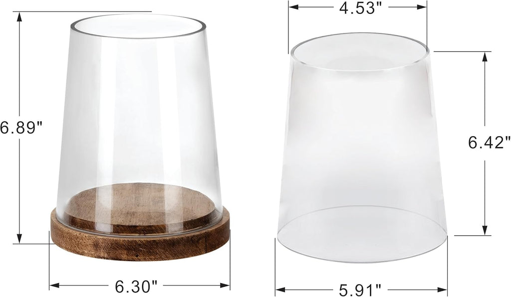 6" Wide Glass Hurricane Candle Holders with Handmade Sturdy Glass Sleeves and Vintage Natural Wood Base for Pillar