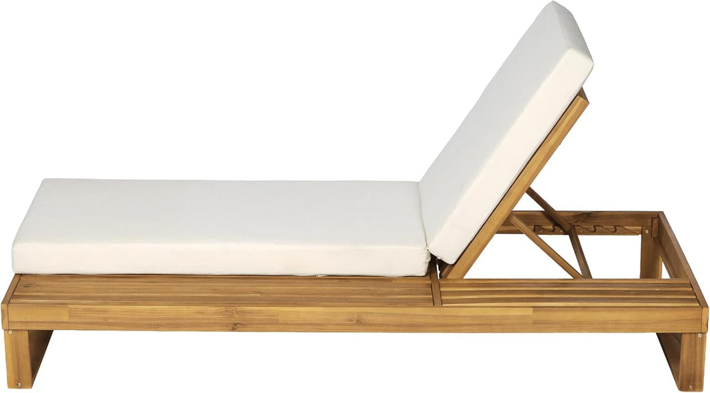 Acacia Wood Chaise Lounge Chair with 3-Fold Cushion, Outdoor Chaise Lounge with 4-Position Adjustable Backrest
