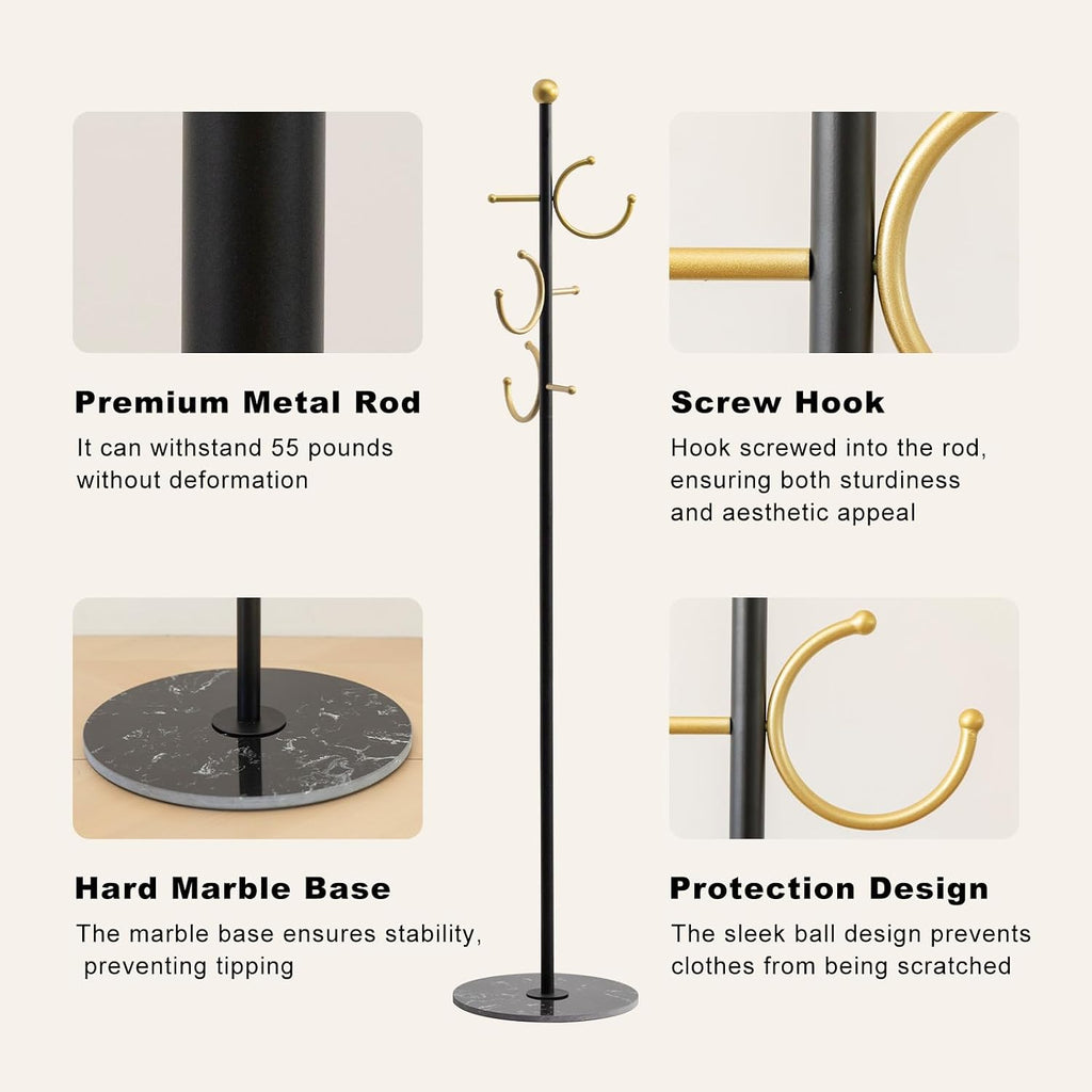 Coat Rack Freestanding Corner Coat Tree Hat Rack Stand with Heavy duty Marble Base & 6 Hooks , Hotel, Office 14.57"x