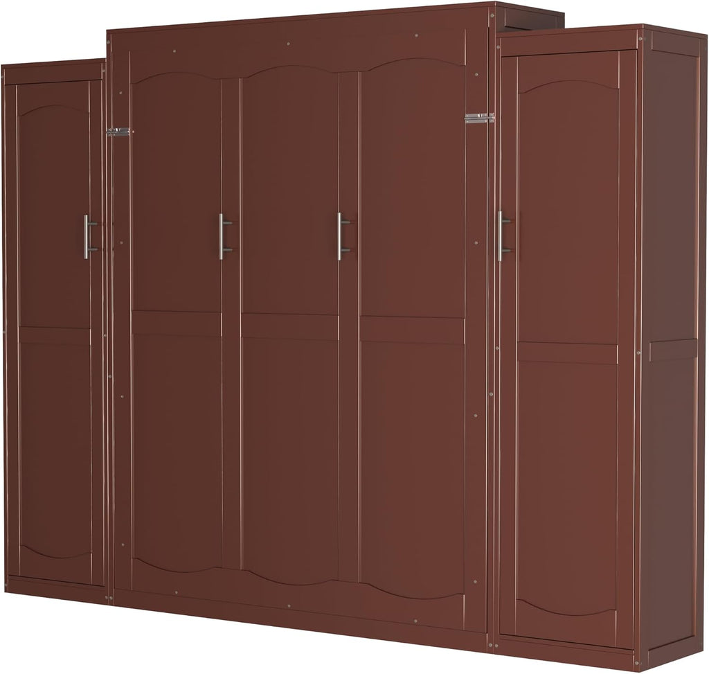 Full Murphy Bed Wall Cabinet with 2 Wardrobe & Storage Shelf, Wood Foldable Platform Bed Frame for Guest Room
