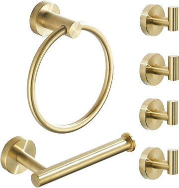 Brushed Gold Bathroom Hardware Set, Gold Toilet Paper Holder Towel Ring and 4 Robe Hooks Hand Towel Holder Bathroom