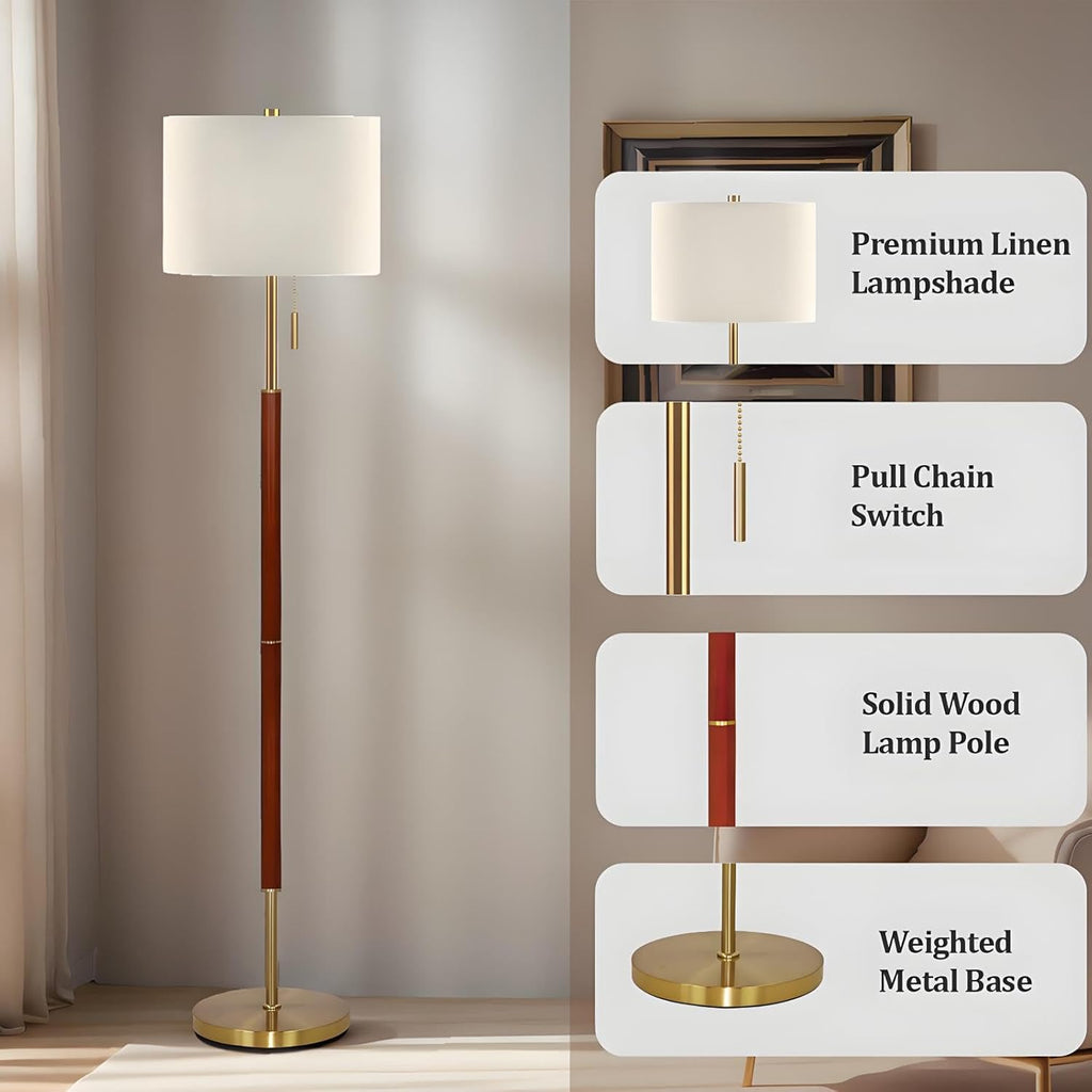 62" Walnut Gold Floor Lamp, 1200LM 3-Way Dimmable Mid Century Modern Floor Lamp Office