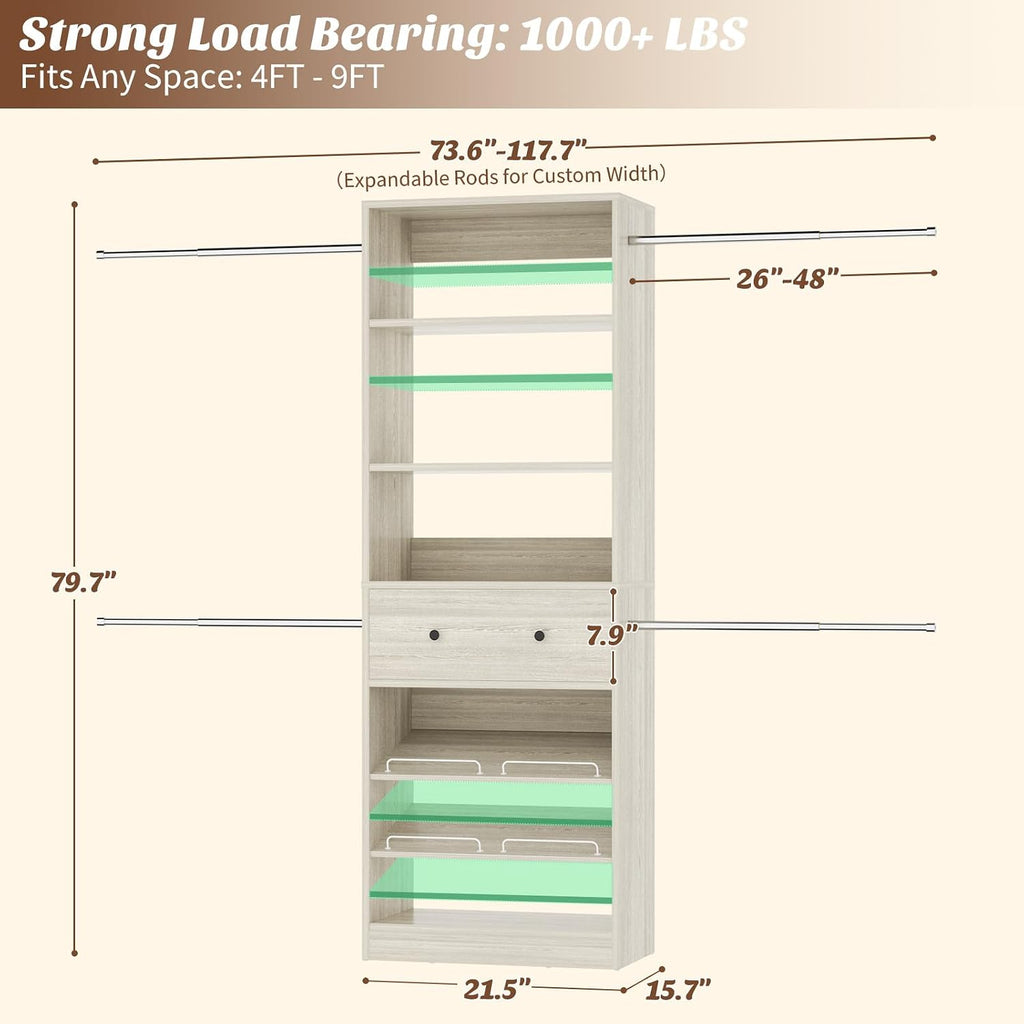 Wood Closet Organizer System - 4FT-9FT Expandable Wardrobe Closet with Drawer & 4 Hanging Rods, Heavy Duty Walk-in
