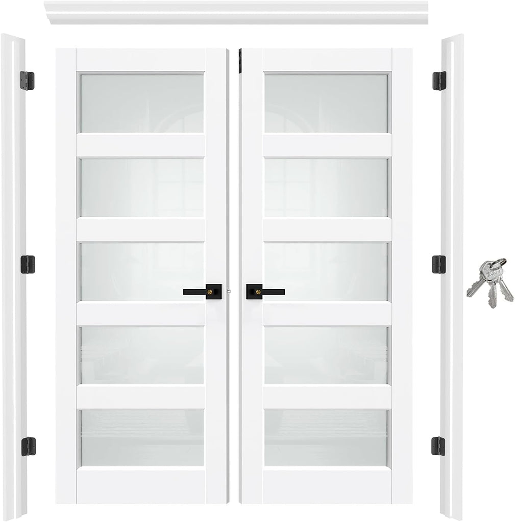French Doors 48"x80" (Double 24"x80"), 5-Lite Tempered Frosted Glass Solid Core Door Slabs with Jamb & Black Hardware