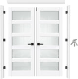 French Doors 48"x80" (Double 24"x80"), 5-Lite Tempered Frosted Glass Solid Core Door Slabs with Jamb & Black Hardware