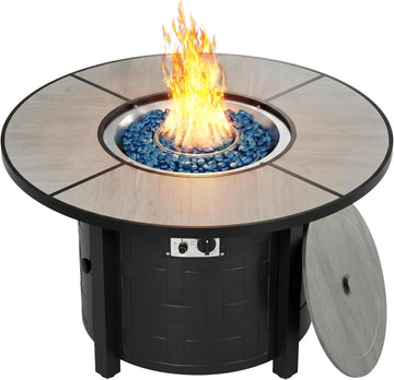 42-Inch Round Propane Fire Pit Table, 50,000 BTU, Gray | Round Gas Fire Table with Blue Fire Glass; Lid Restores