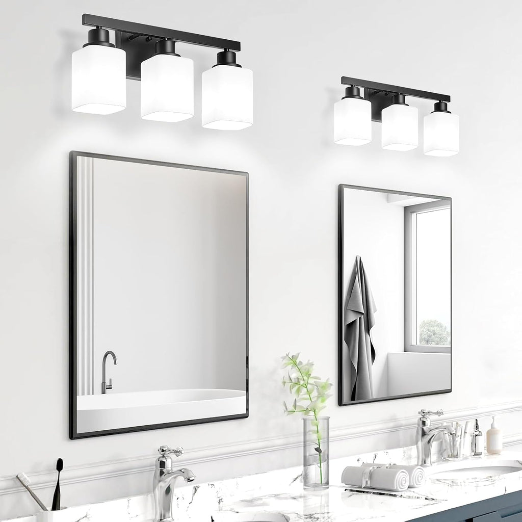 3-Light Bathroom Vanity Light,Modern Matte Black Bathroom Light Fixtures with Square Frosted Glass,Wall Sconces