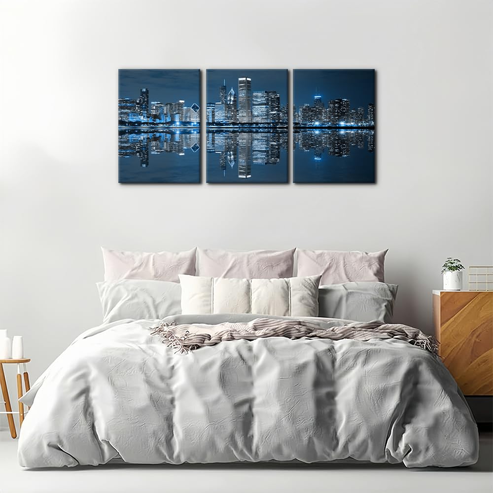 Chicago Cityscape Modern Canvas Wall Prints Artwork Skyscrapers at Night View Paintings City Skyline Pictures