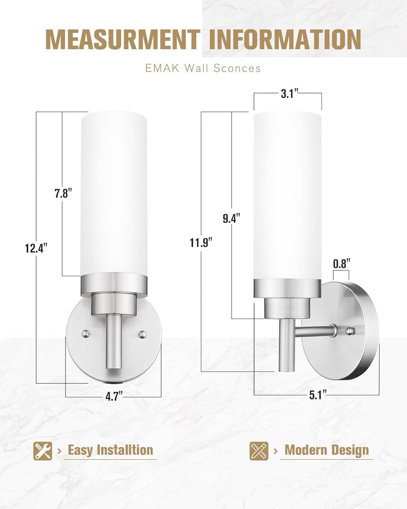Brushed Nickel Sconces Wall Lighting, Modern Vanity Lights with Milk Glass Shade, Wall Sconce , WS085-BN-ML-2PK