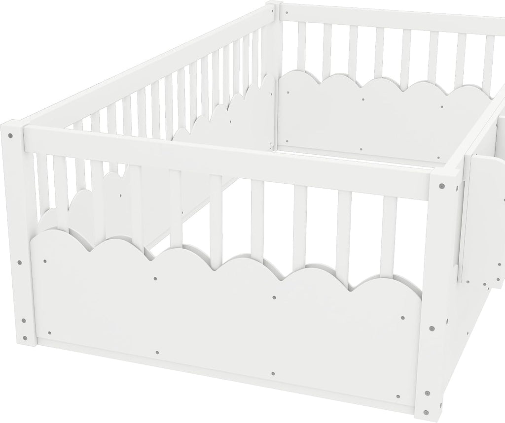 Twin Size Kids Montessori Floor Bed,Solid Wood Floor Bed Frame with Bookshelf and High Fence for Kids,Girls,Boys,White