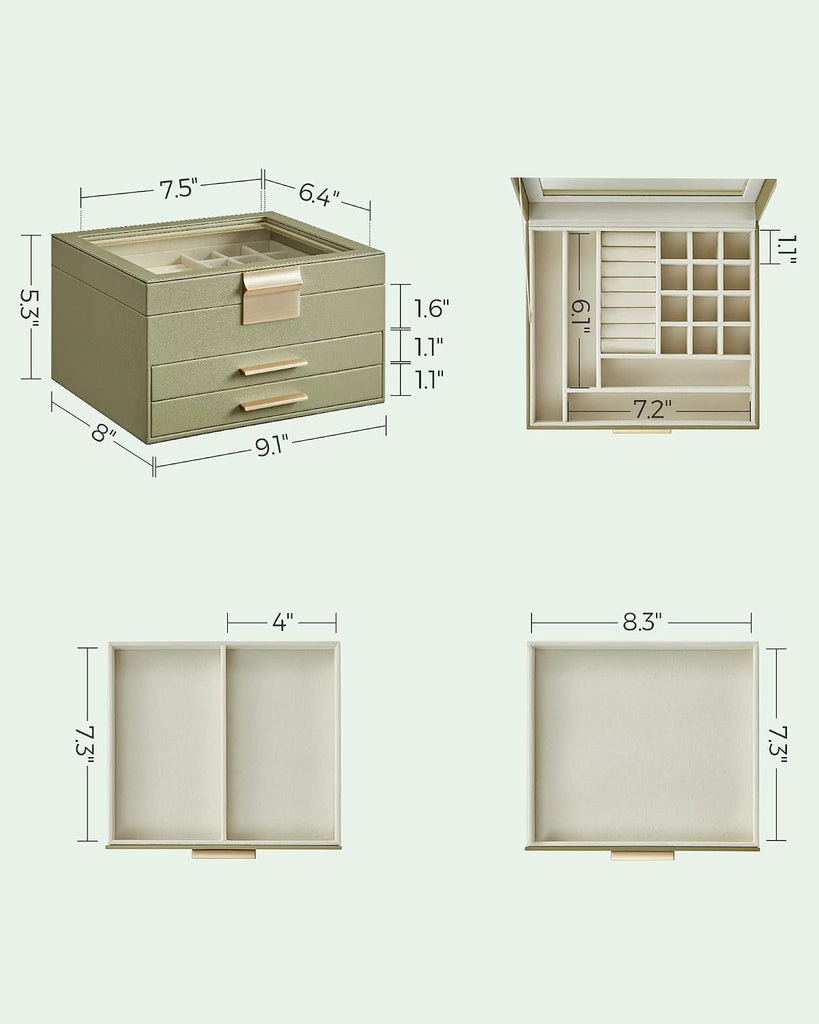 Jewelry Box Organizer, 3-Layer Storage with 2 Drawers, Glass Lid