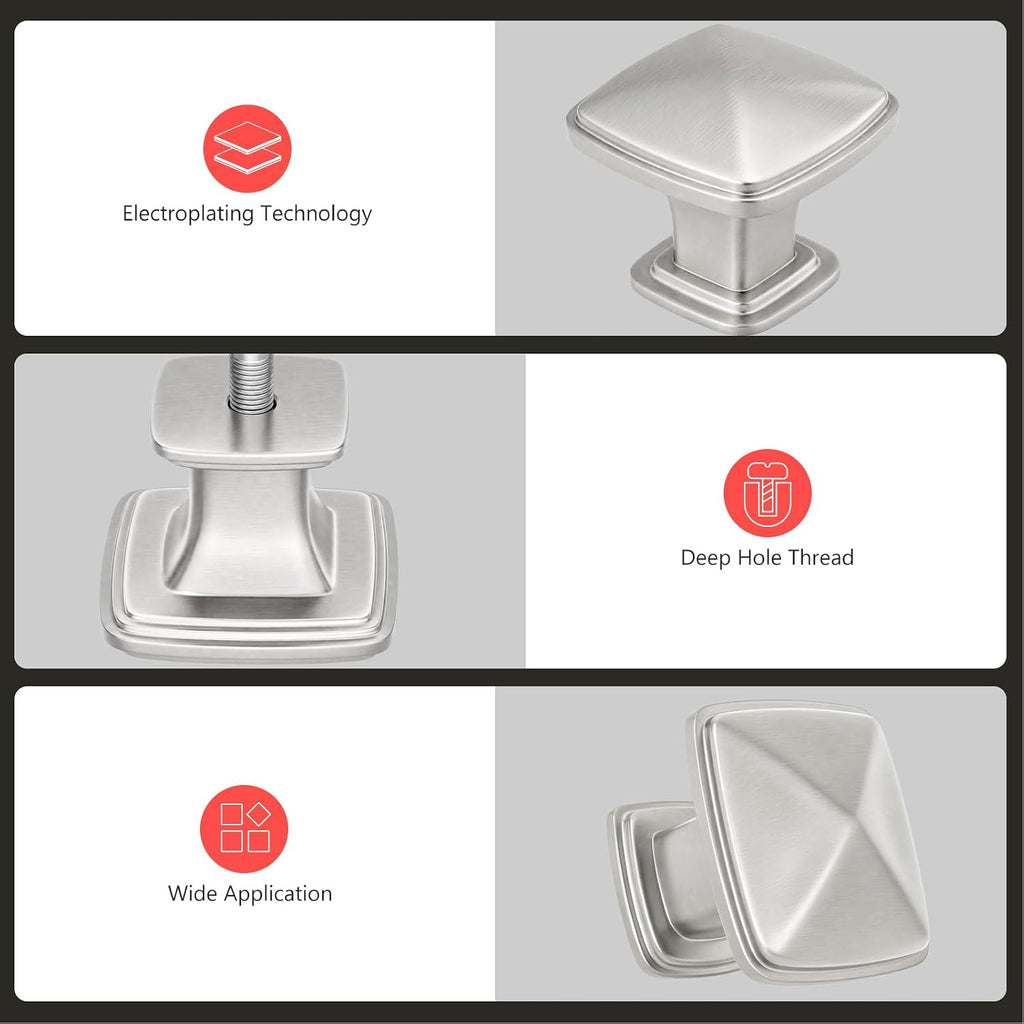 30 Pack Cabinet Knobs Brushed Nickel Drawer Knobs Silver Square Kitchen Hardware Satin Nickel Door Handles ,Zinc Alloy